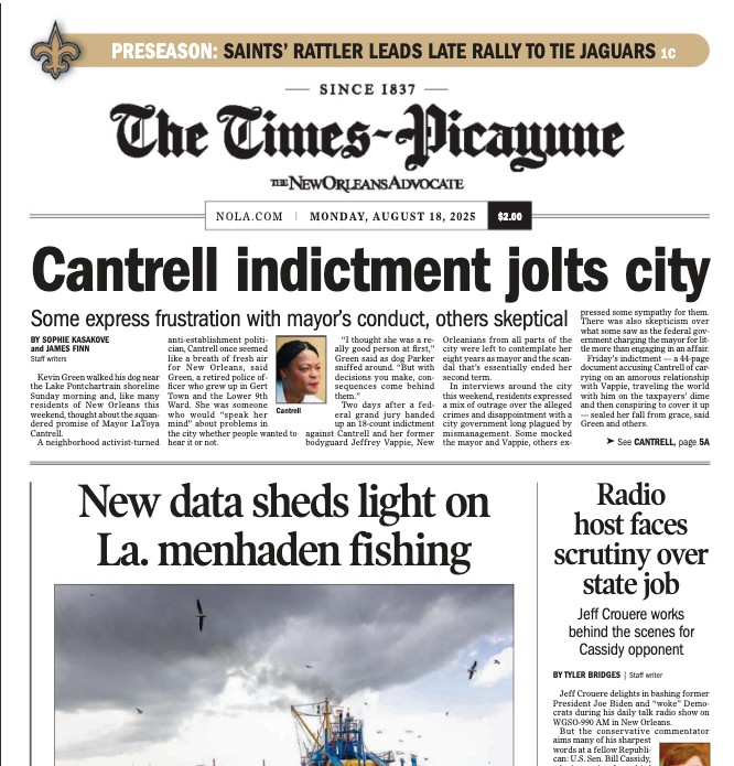 New Orleans Times-Picayune & Advocate newspaper front page