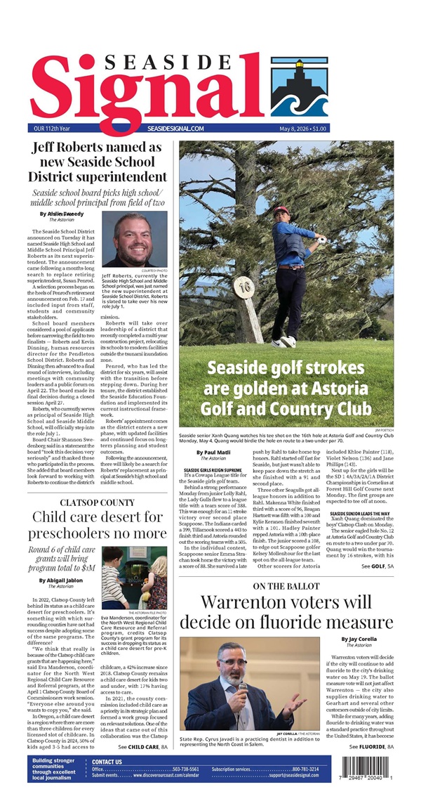 Seaside Signal newspaper front page